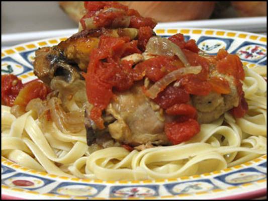 Roast Chicken Thighs and Onions over Pasta