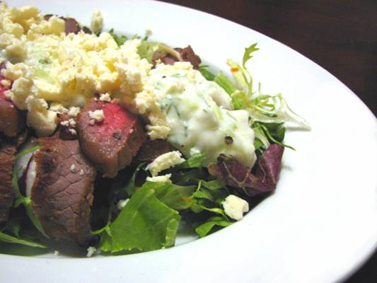 Steak and Field Green Salad with Tzatziki and Feta Recipe