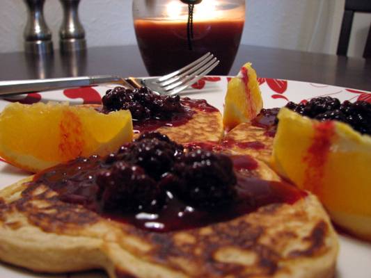 Valentine Heart Chocolate Chip Pancakes with Blackberry Syrup