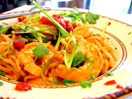 Drunken Chili-Lime-Sherry Shrimp with Garlic, Scallions, Sweet Peppers and Ramen Noodles Recipe