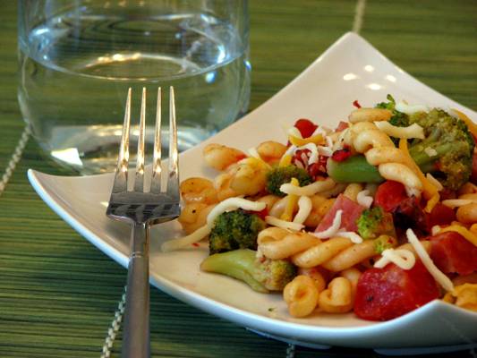 Pasta with Ham Broccoli and Fire Roasted Tomatoes