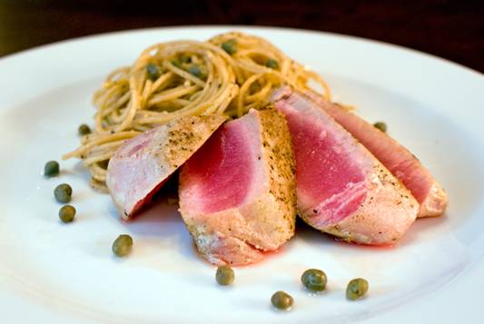 Seared Ahi Tuna with Mediterranean Style Pasta in Caper Sauce Recipe