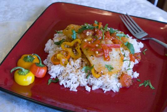 Poached cod with sweet peppers