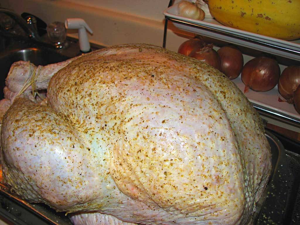 Turkey all rubbed down and ready to roast