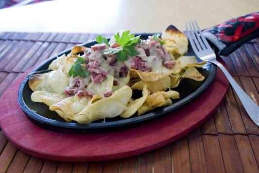 Corned Beef and Potato Nachos – A great way to use up leftover St. Paddy’s Day Corned Beef