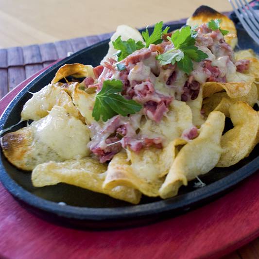 Corned beef and potato nachos. Why? because it's fun!