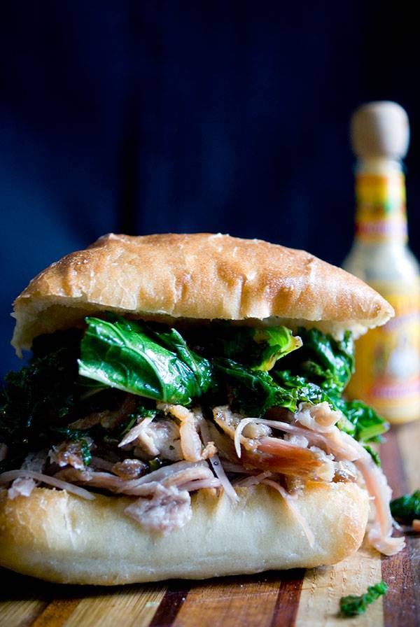 Pulled Pork, Greens and Bacon Sandwich