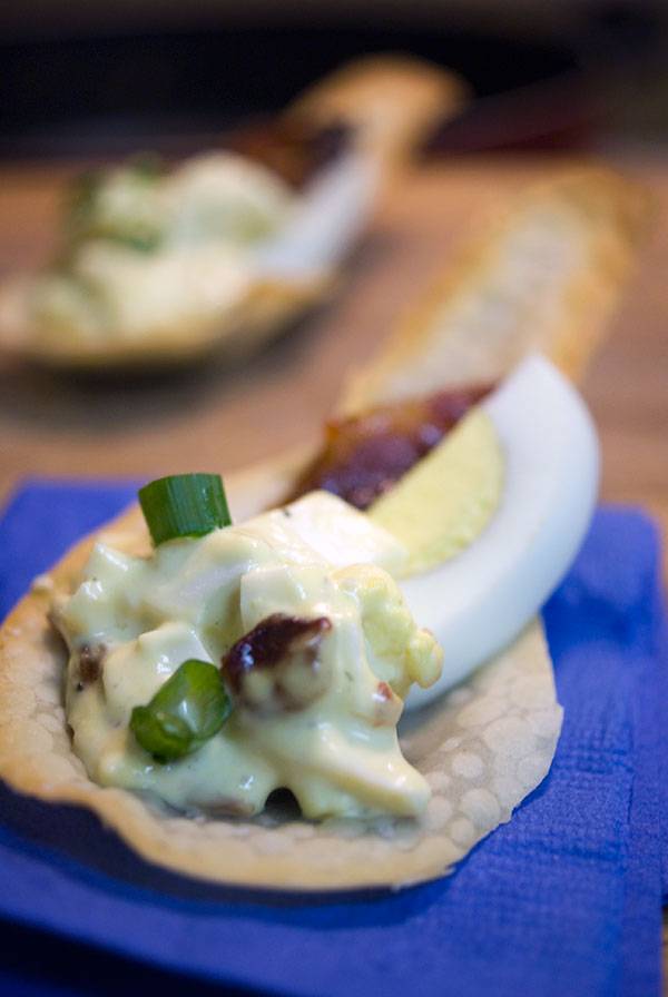 Candied Bacon Egg Salad on Crispy Won ton Spoons