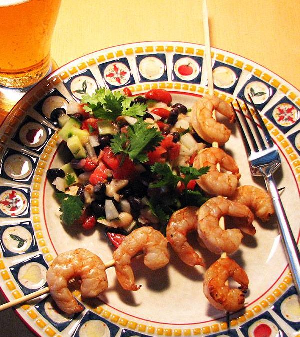 Drunken Chili Shrimp with 3 Bean and Cucumber Salad Recipe