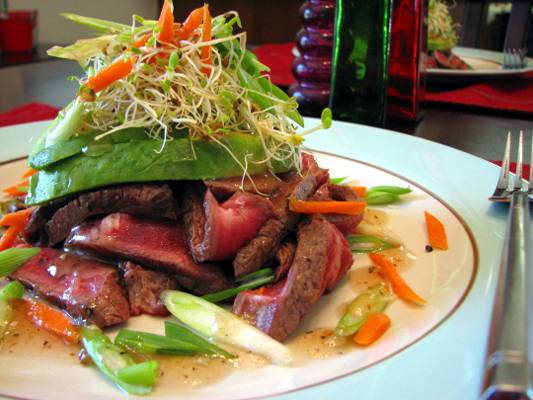 Pan Seared Beef with Avocado, Alfalfa Sprouts and Plum Vinaigrette