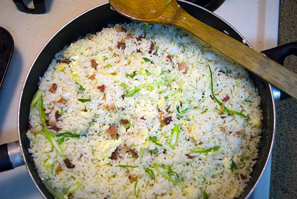 Fold all ingredients together to make a gorgeous bacon fried rice.
