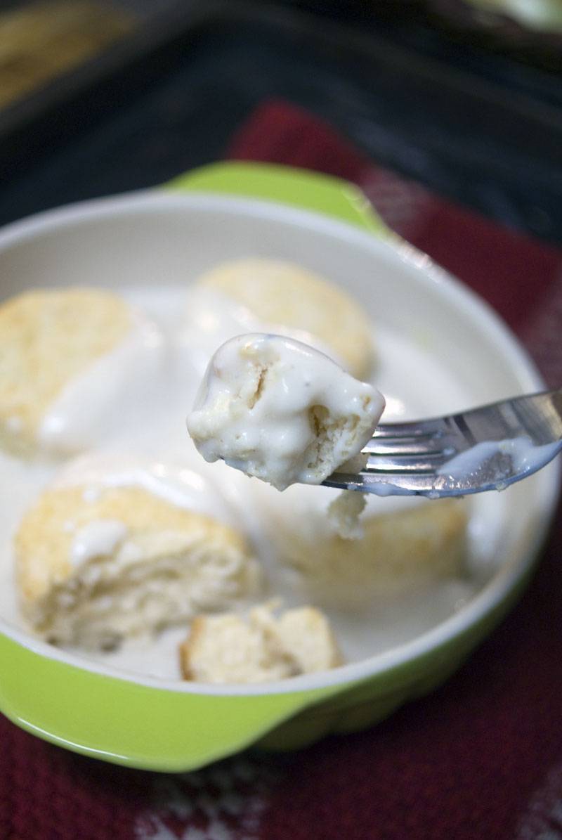 Biscuits and gravy with real-deal bacon grease based Southern white gravy