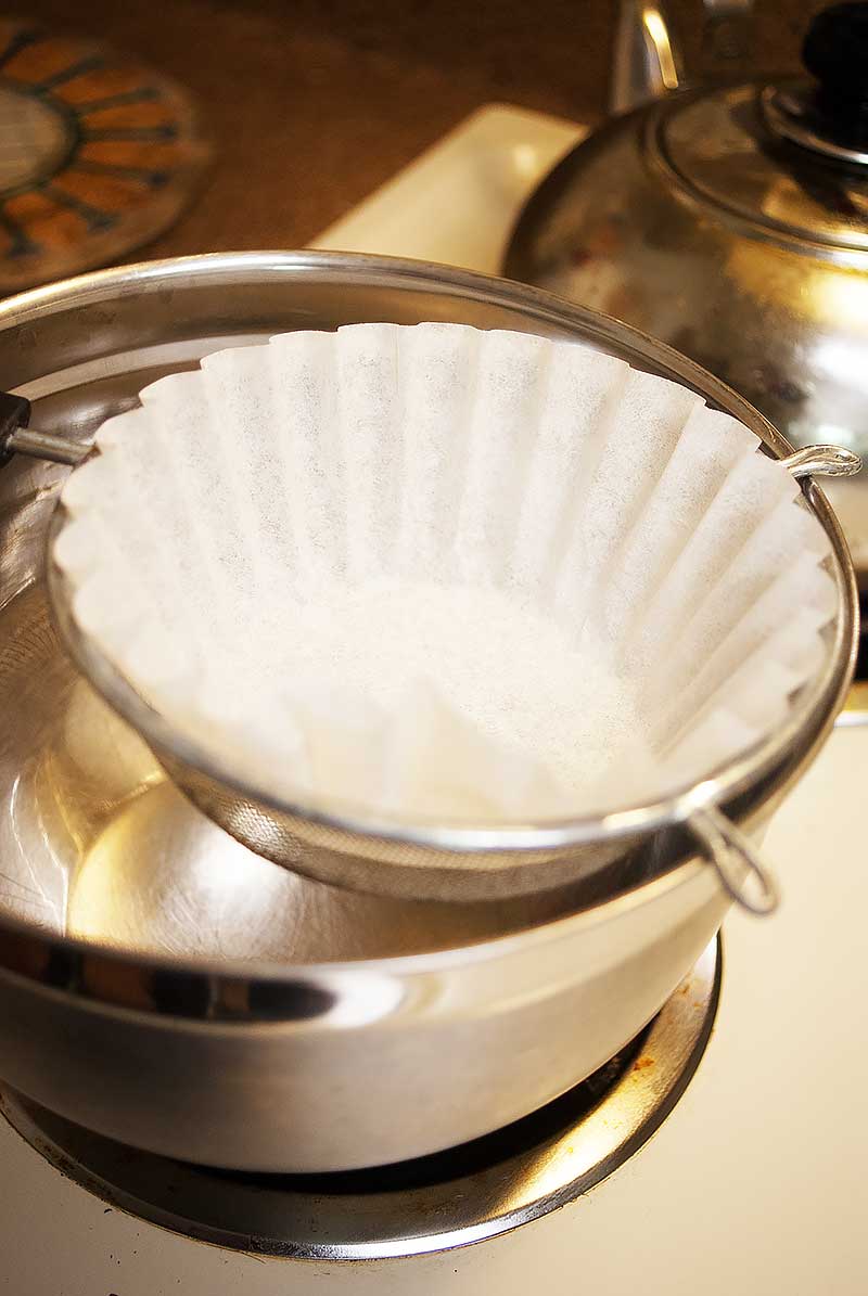 strain dashi stock through a sieve lined with a coffee filter or paper towels