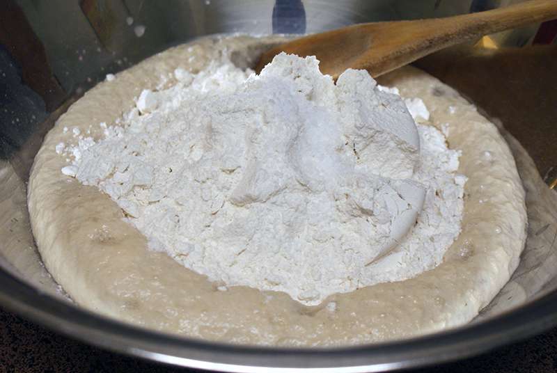 Add flour for 5 minute pizza dough