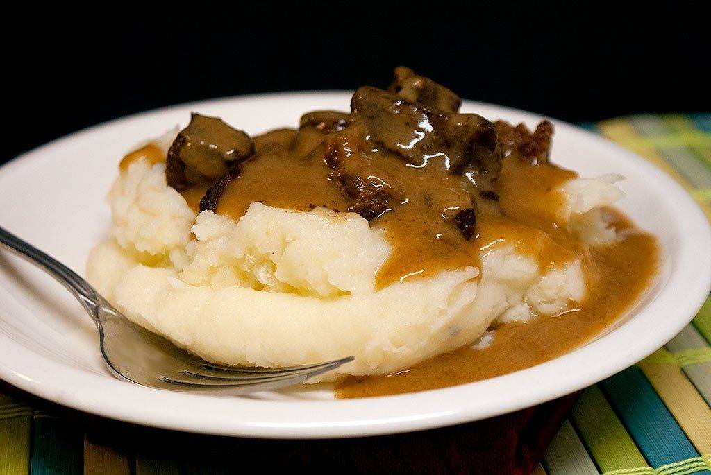 Beef tips smothered in rich, hearty brown gravy. comfort food at its very best.