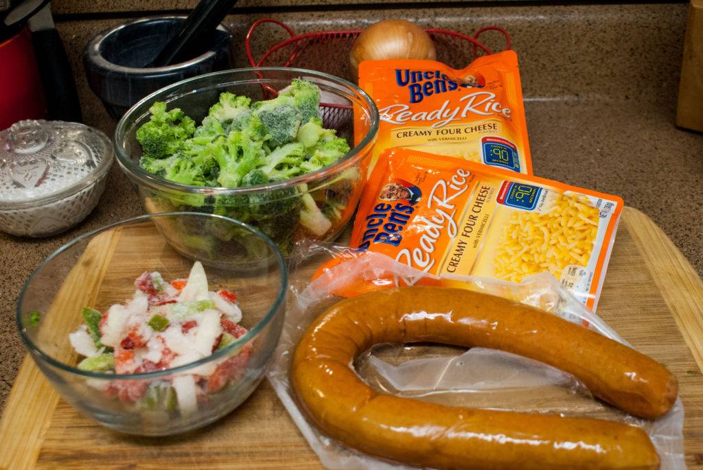 Ingredients ready for Cheesy Rice with Sausage & Broccoli @UncleBens #BensBeginners #UncleBensPromo [ad]