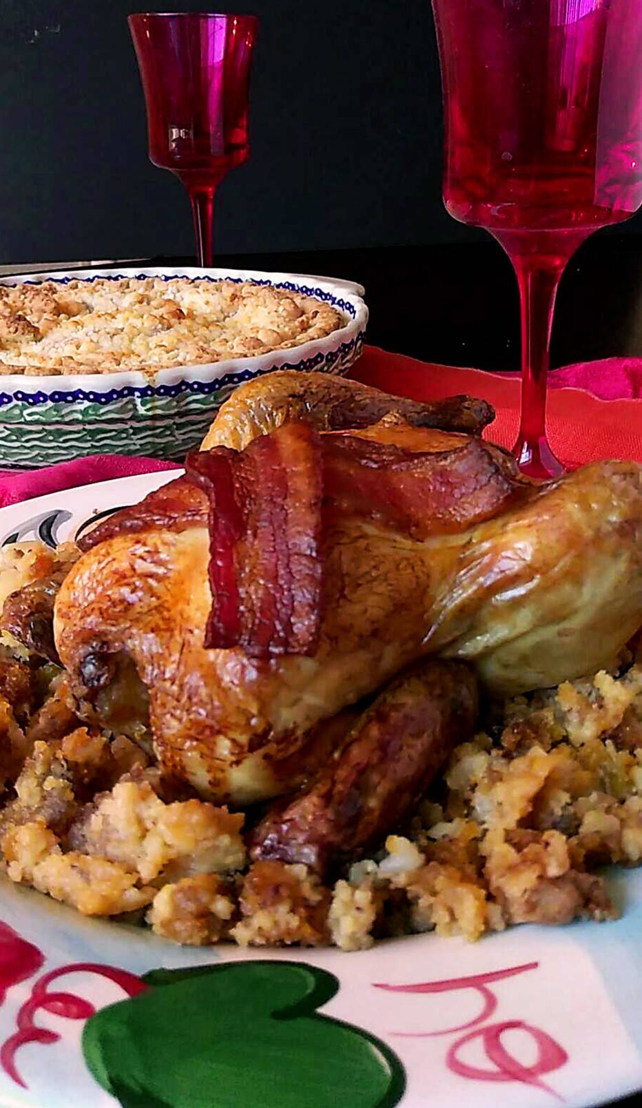 Cornish hens draped in succulent bacon. Served with traditional cornbread &sausage dressing. What could be better?