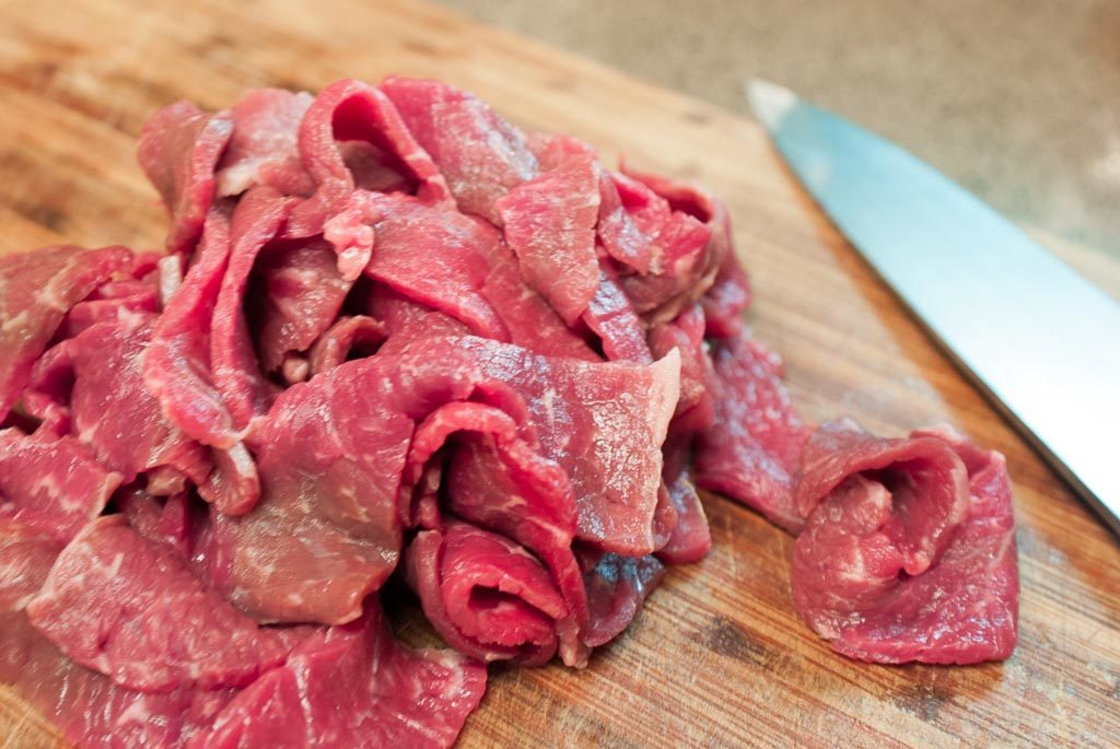 beef sliced thinly. Ready to cook