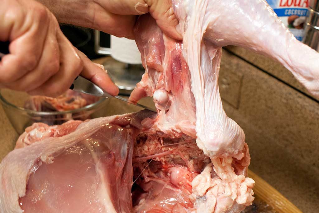 Cutting through the thigh joint - How to butcher a turkey series