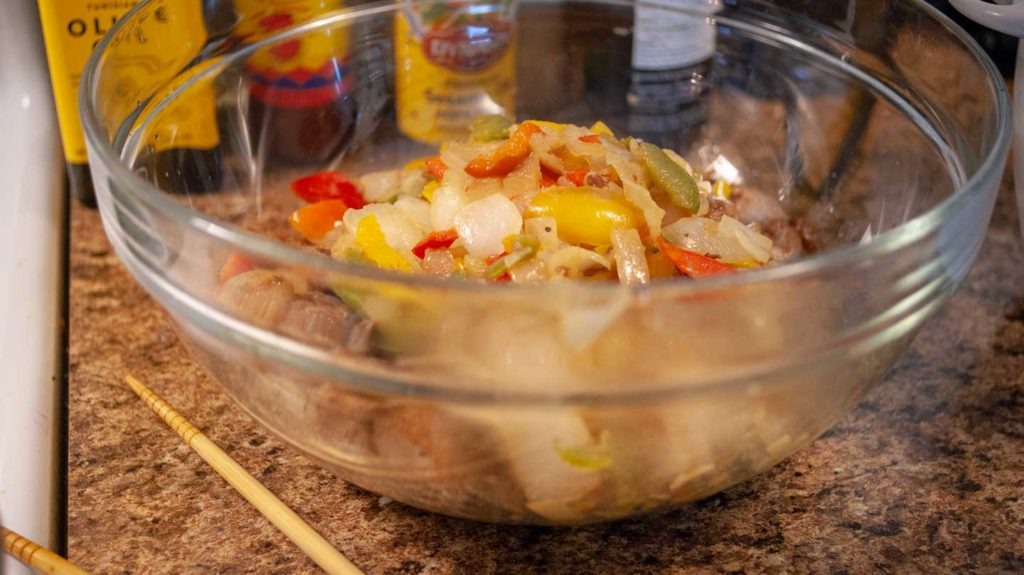 Pork and peppers resting in a bowl