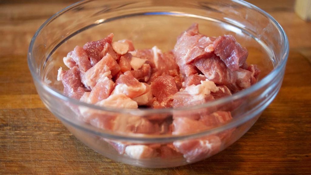 Cubed pork in bowl