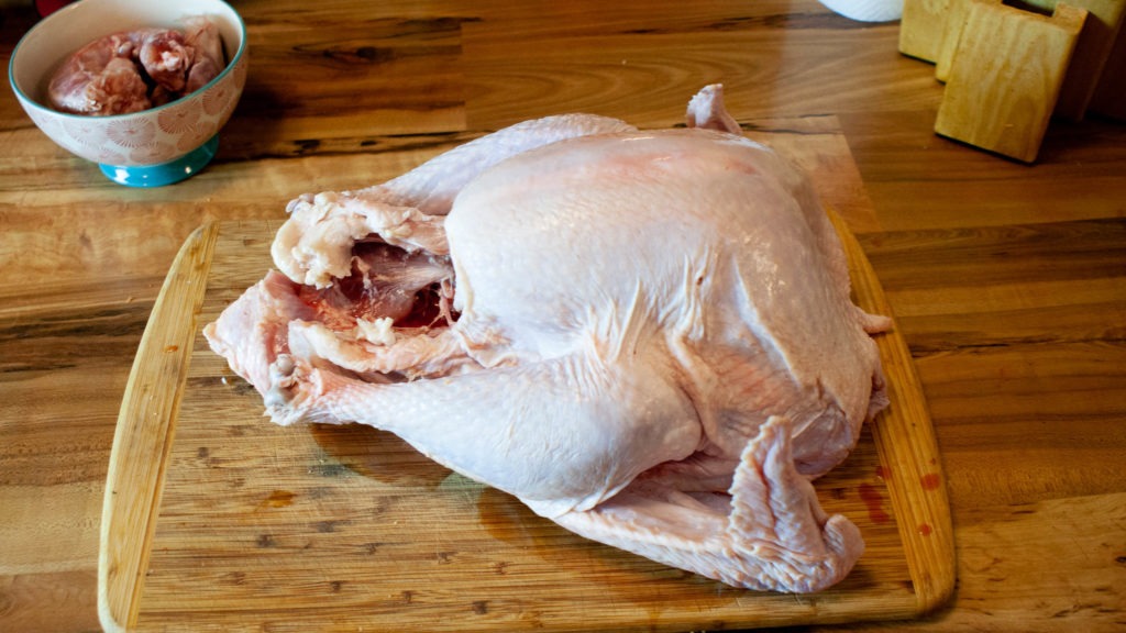 Whole turkey ready to spatchcock or butterfly