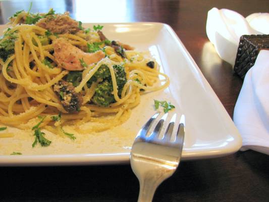 Chicken Confit with Mushrooms and Broccoli over thin Spaghetti Recipe