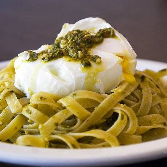 Fettuccine with Poached Egg and Pesto