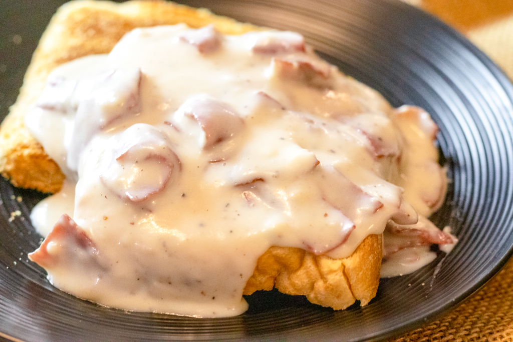 Creamed Chipped Beef on Toast. Also known as "Shit on a Shingle", "Same Old Stuff", Stew on a Shingle", or just S.O.S.